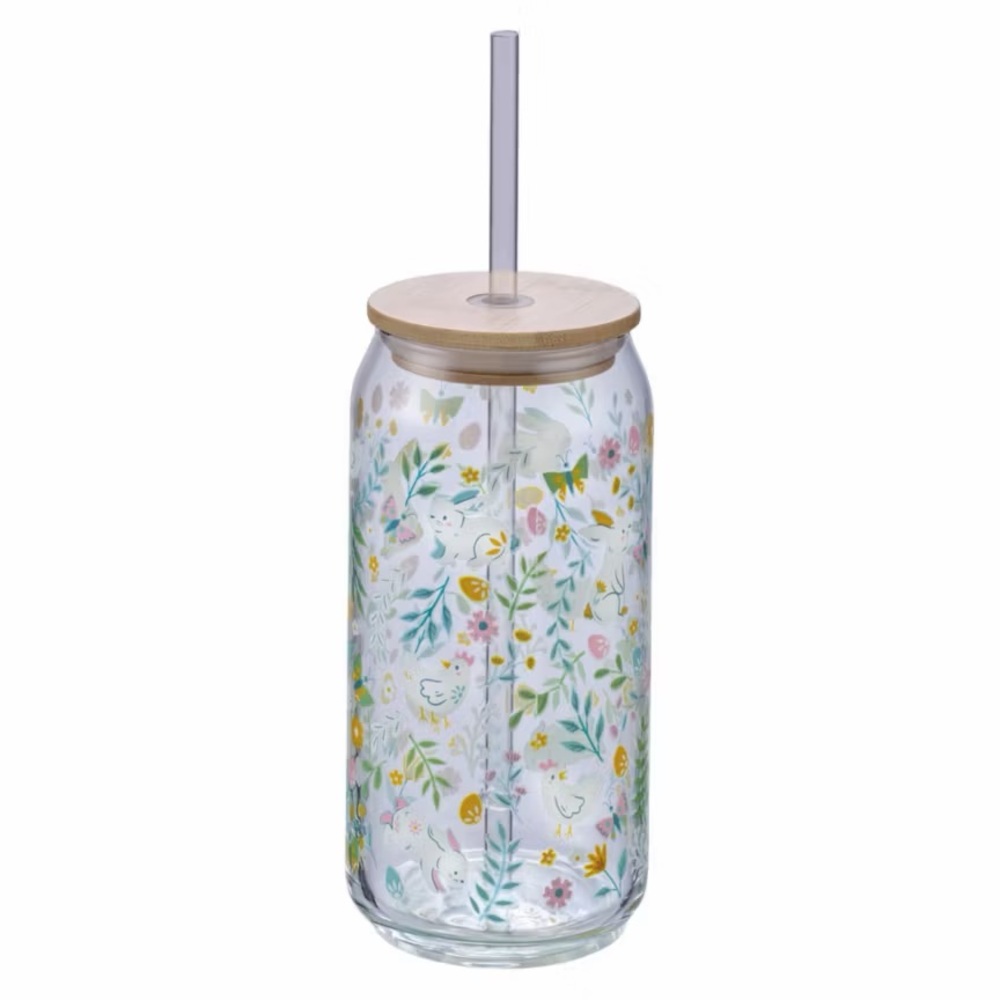 CROFTON Spring Bunny & Chickens Glass Tumbler with Straw